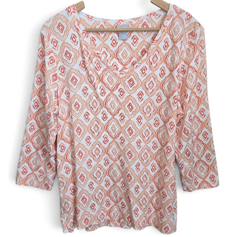 Chicos Womens Top Size 2 Large Orange V Neck Printed‎ 3/4 Sleeve Pima Cotton